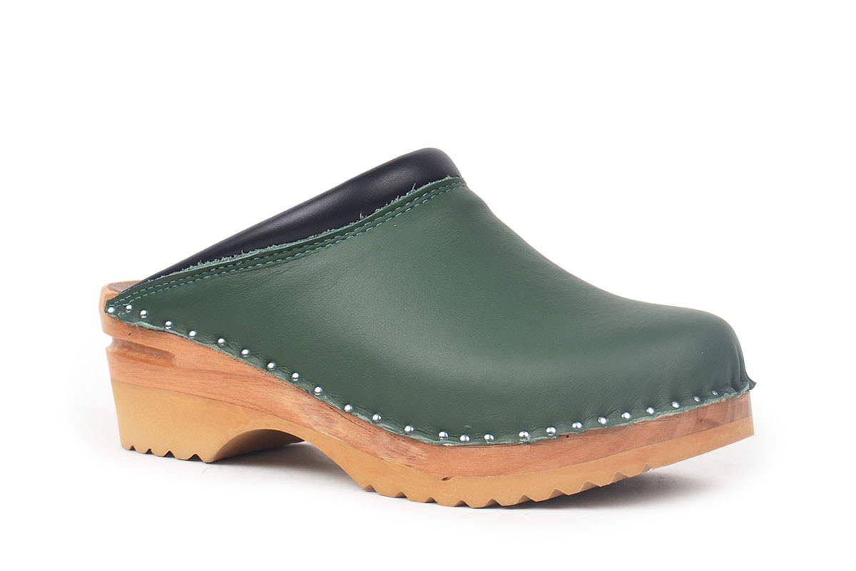 green leather clogs